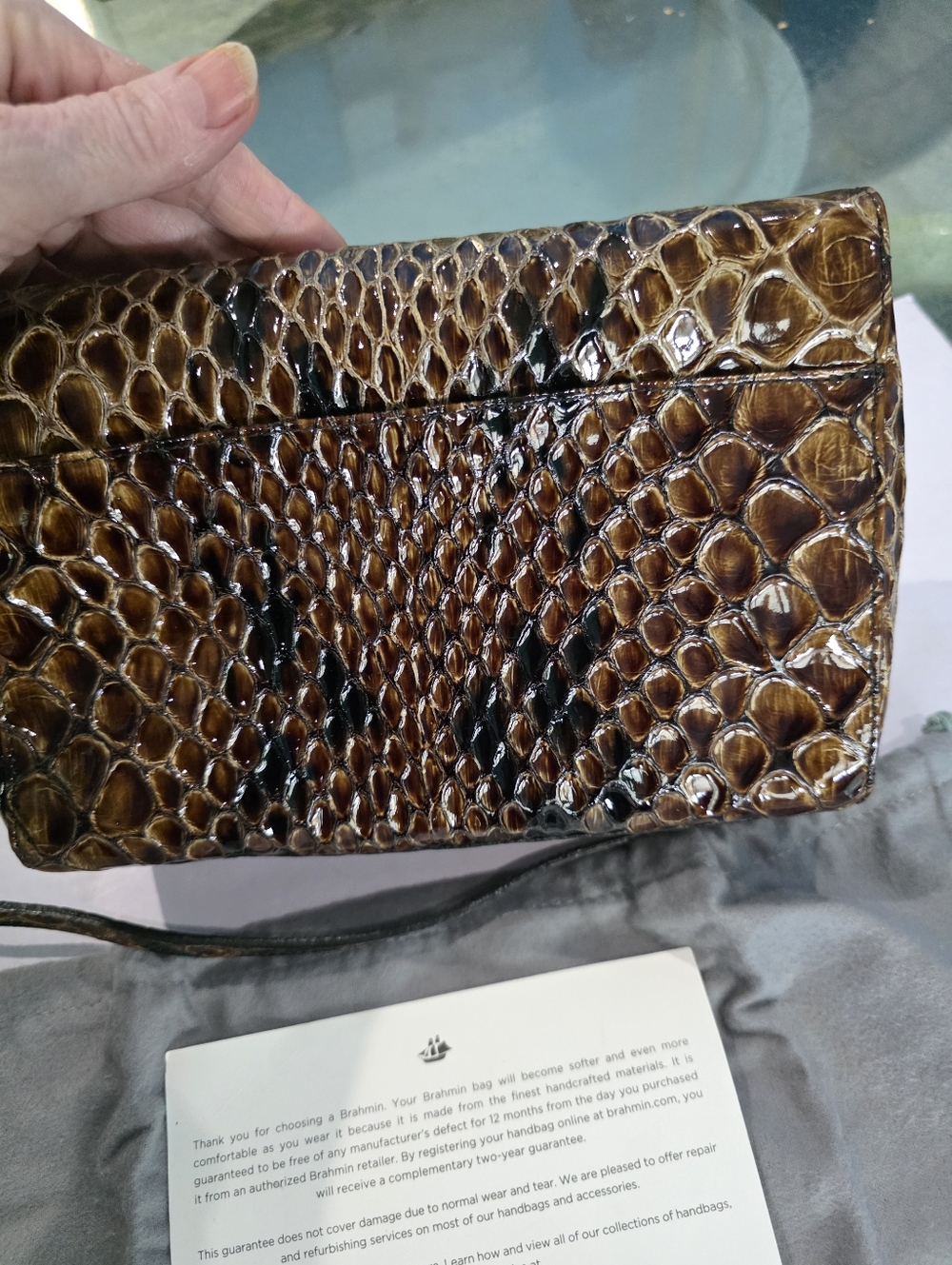 Brahmin Glossy Brown Python-Embossed Clutch with Gold Plaque - Picture 3 of 6